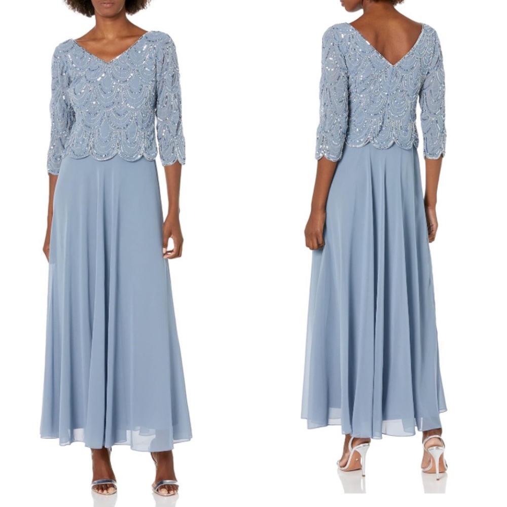 New with tags J Kara Petite 3/4 Sleeve with Scallop Beaded Pop Over Gown 16P
